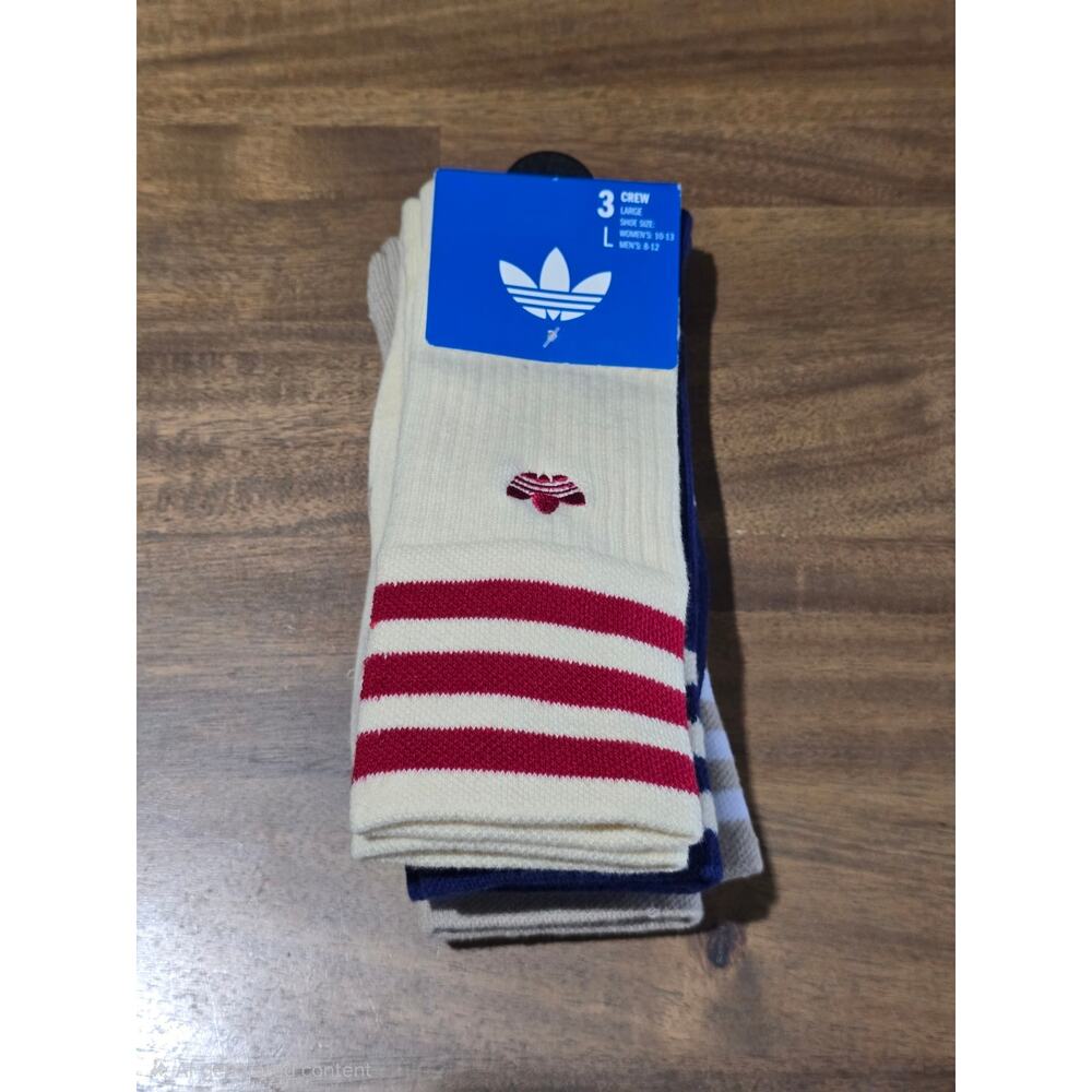 Adidas Crew Socks, 3 Pair Men's Shoe Size 8-12 Size L, Red Blue Off White NWT